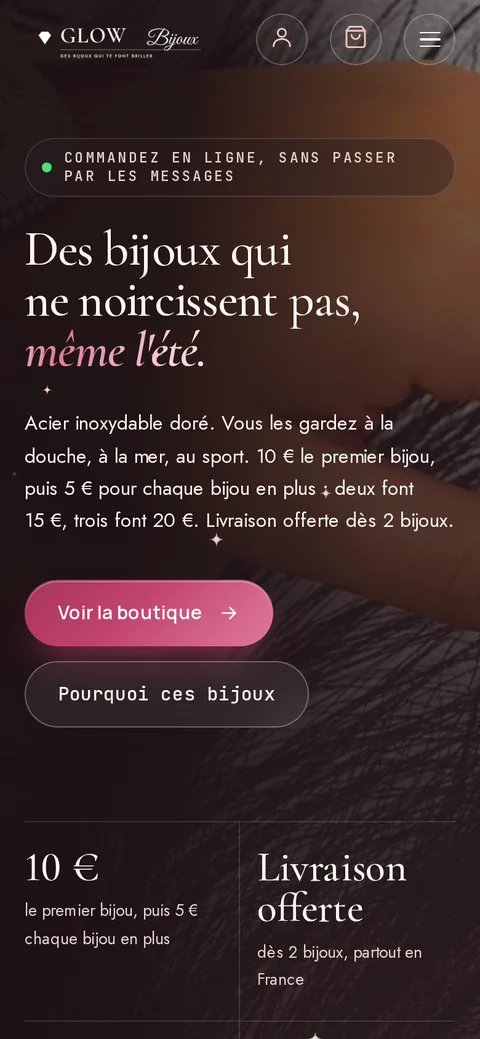 The glowbijoux13.fr home page on a phone