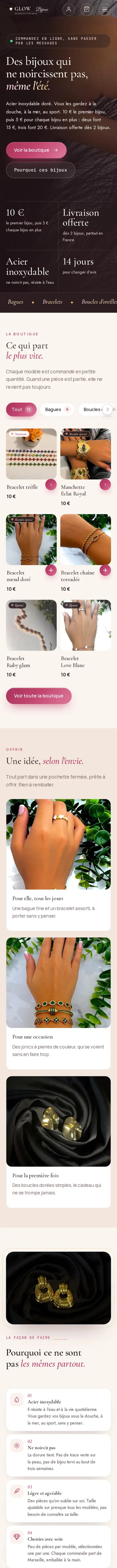 Page d’accueil de glowbijoux13.fr sur téléphone, qui défile
