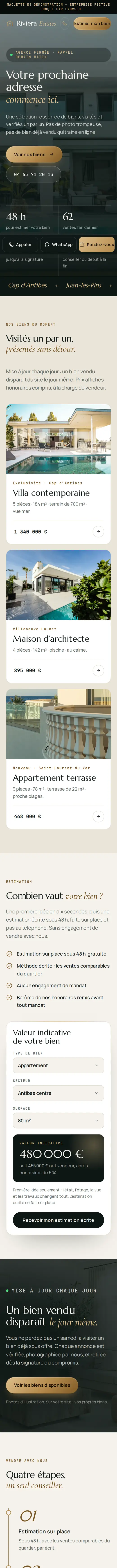 Maquette immobilier (Riviera Estates) sur téléphone, qui défile