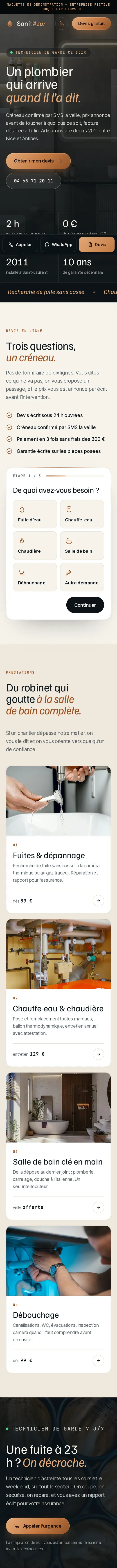 Maquette plombier (Sanit’Azur) sur téléphone, qui défile