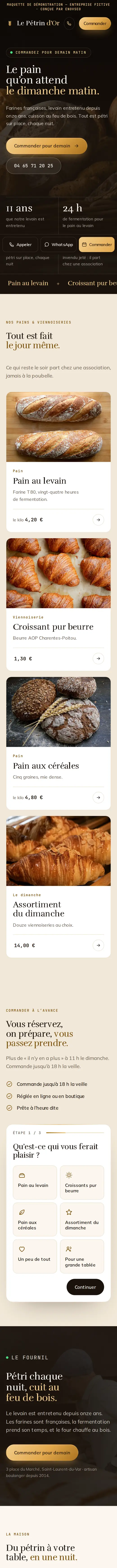 Maquette boulangerie (Le Pétrin d’Or) sur téléphone, qui défile