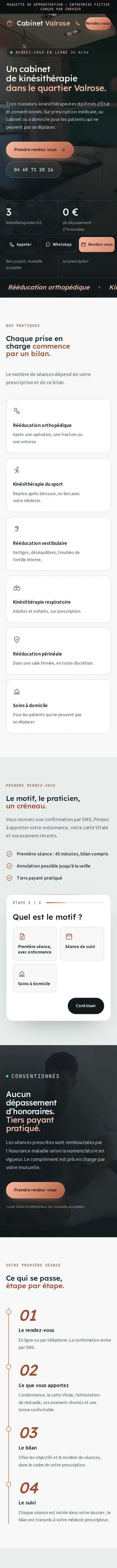 Maquette kinésithérapie (Cabinet Valrose) sur téléphone, qui défile