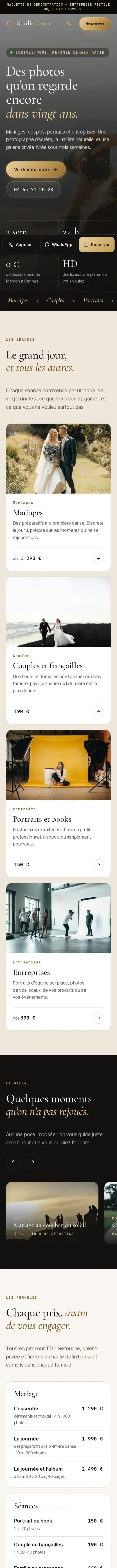 Maquette photographe (Studio Lumen) sur téléphone, qui défile