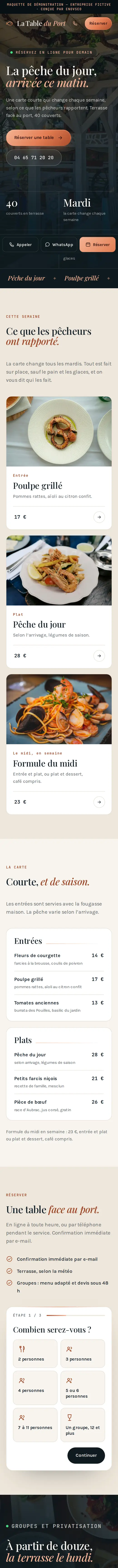 Maquette restaurant (La Table du Port) sur téléphone, qui défile