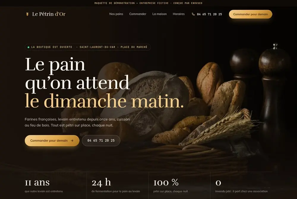 Mock-up of a bakery website: Le Pétrin d’Or